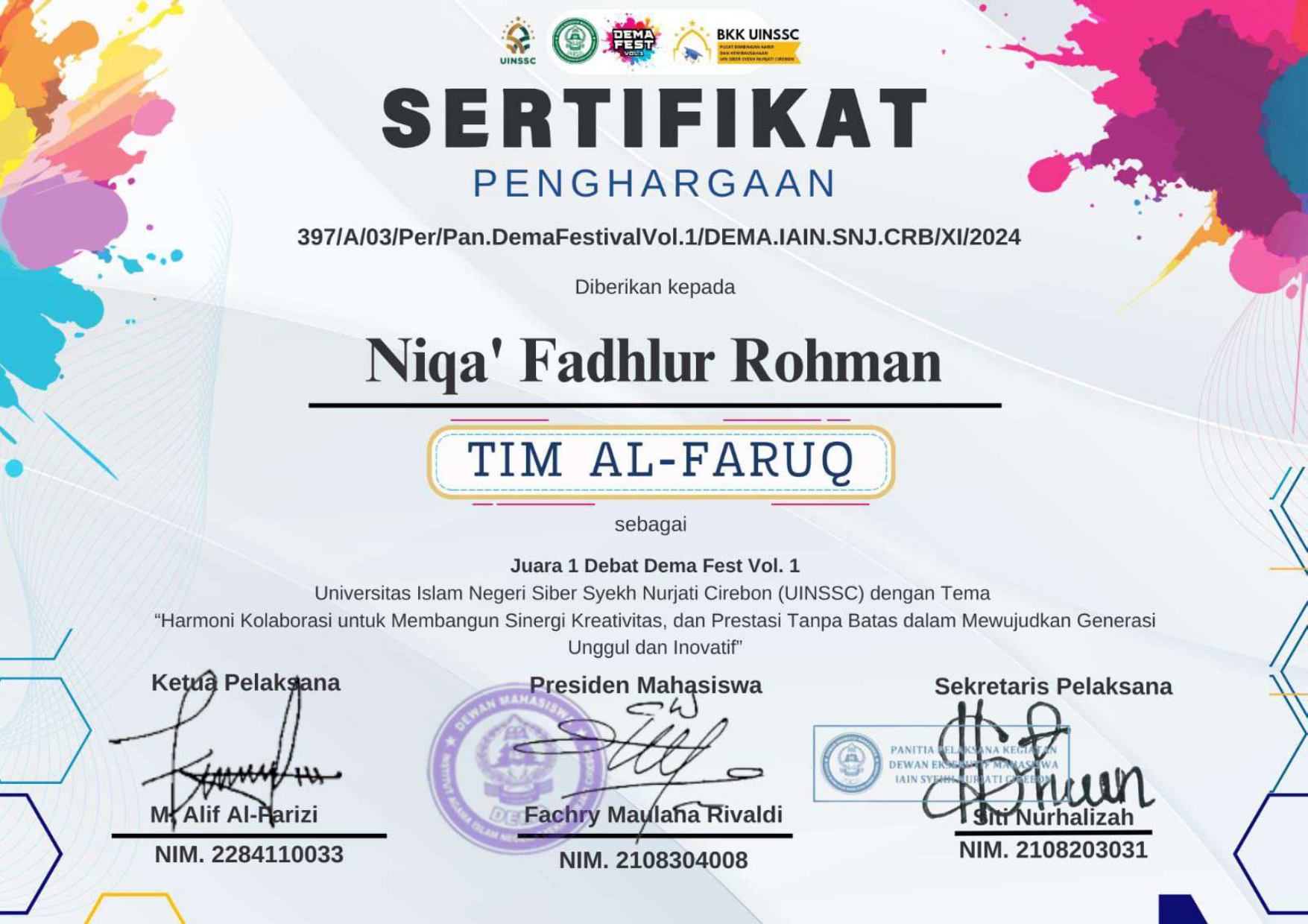 Sertifikat Juara 1 Debat Dema Fest